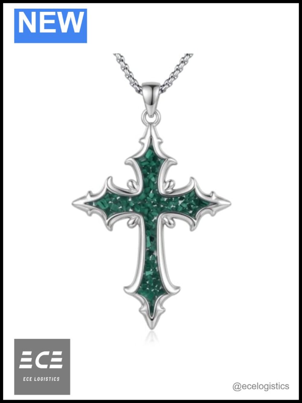 Malachite Cross Necklace White Gold Pendant Religious Jewelry 22in
